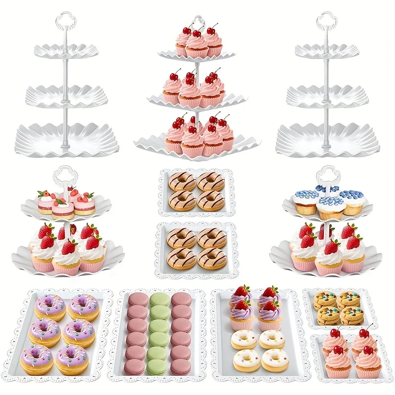 

Cupcake Stand, 12pcs Dessert Table Display Set, 3-Tier Cake Tower And 2-Tier Cake Stand, for Cookies, Candy, Tea Parties, Showers, Birthdays, Plastic