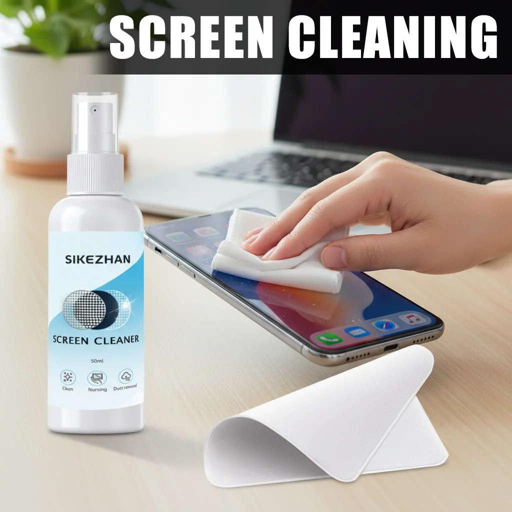 Spray limpador de tela + conjunto de pano de polimento 50ml, sem riscos para telefone/tablet/laptop/monitor, remove impressões digitais, óleo e poeira