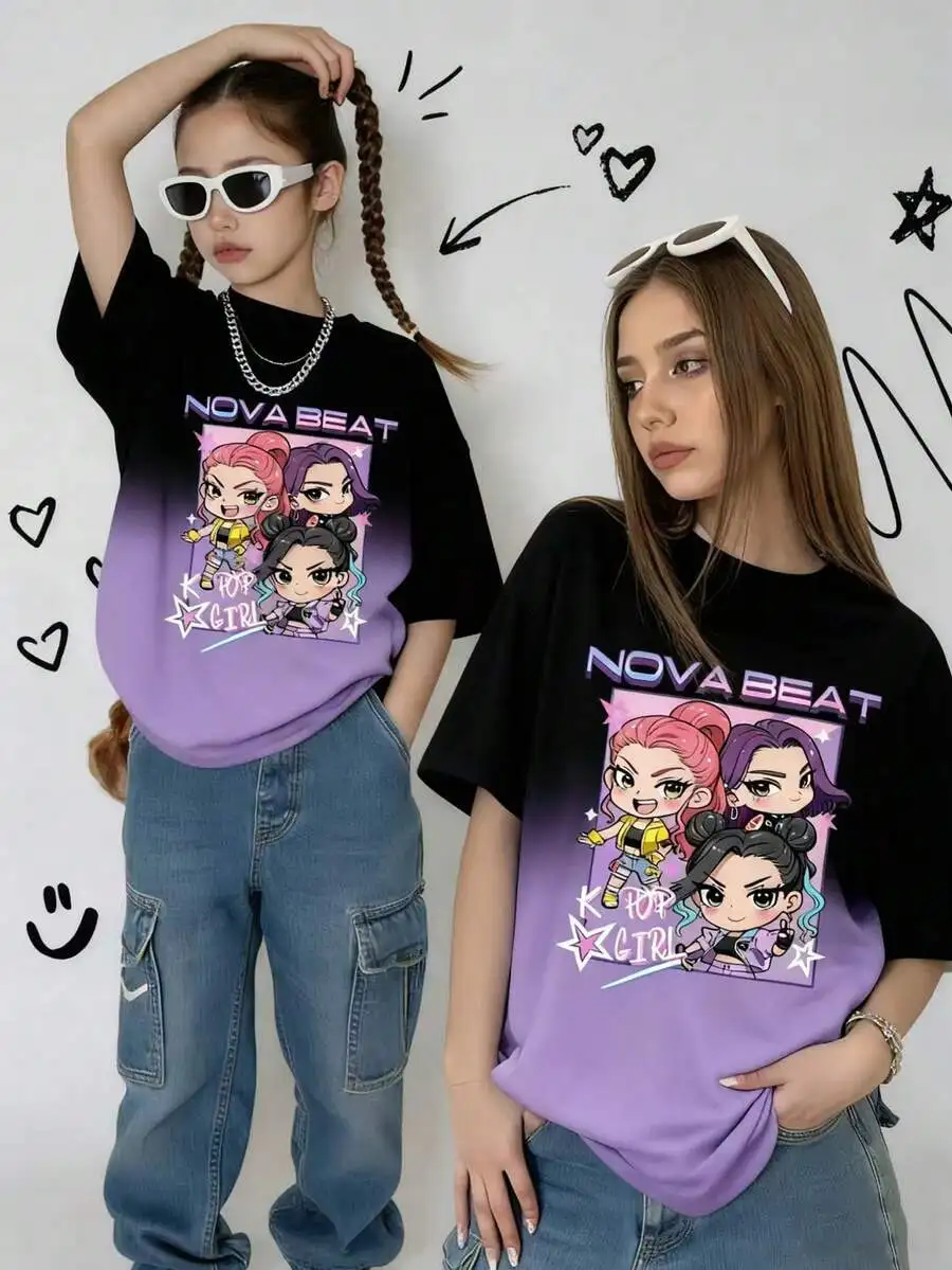 

Loose Fit Graphic Tee for Teens - Purple Gradient with Cute Cartoon Girls Print, Short Sleeve Cotton Shirt