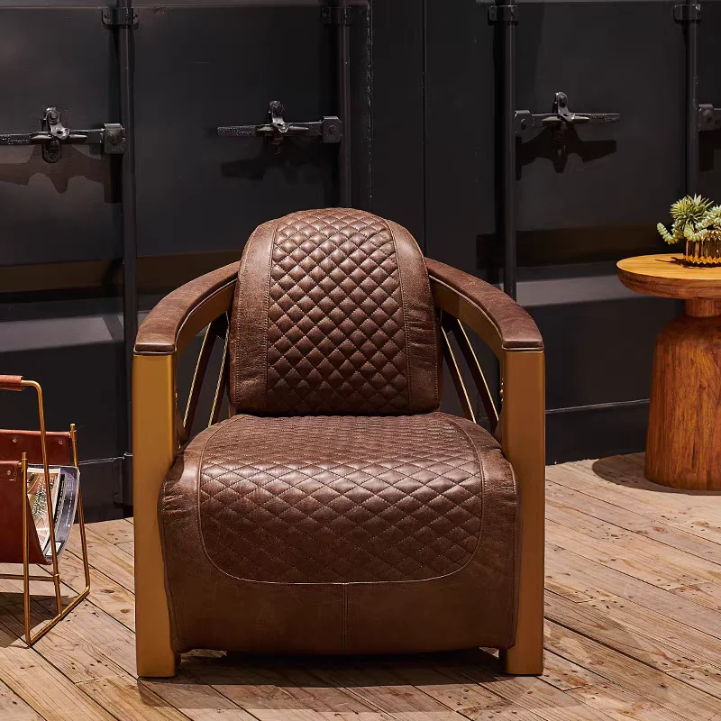 

French medieval style oil wax leather sofa American retro sofa chair leisure chair bar whiskey cigar bar aluminum leather single