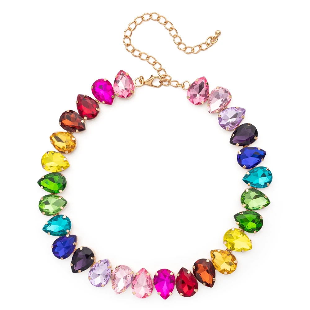 Colorful Rhinesone Necklace 14x18mm Crystal Charms Choker For Women Transparent Diamond Shape Beads Jewelry For Party