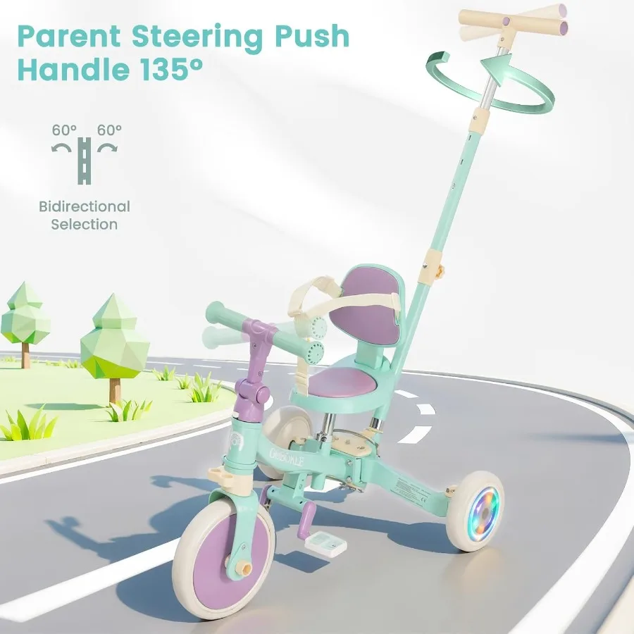 รถสามล้อเด็ก 5-in-1 สำหรับเด็กวัย 1-3 ปี แปลงเป็นจักรยานเด็กพร้อมที่จับสำหรับเข็นและถอดแป้นเหยียบได้ จักรยานทรงตัวพร้อมไฟหลากสี