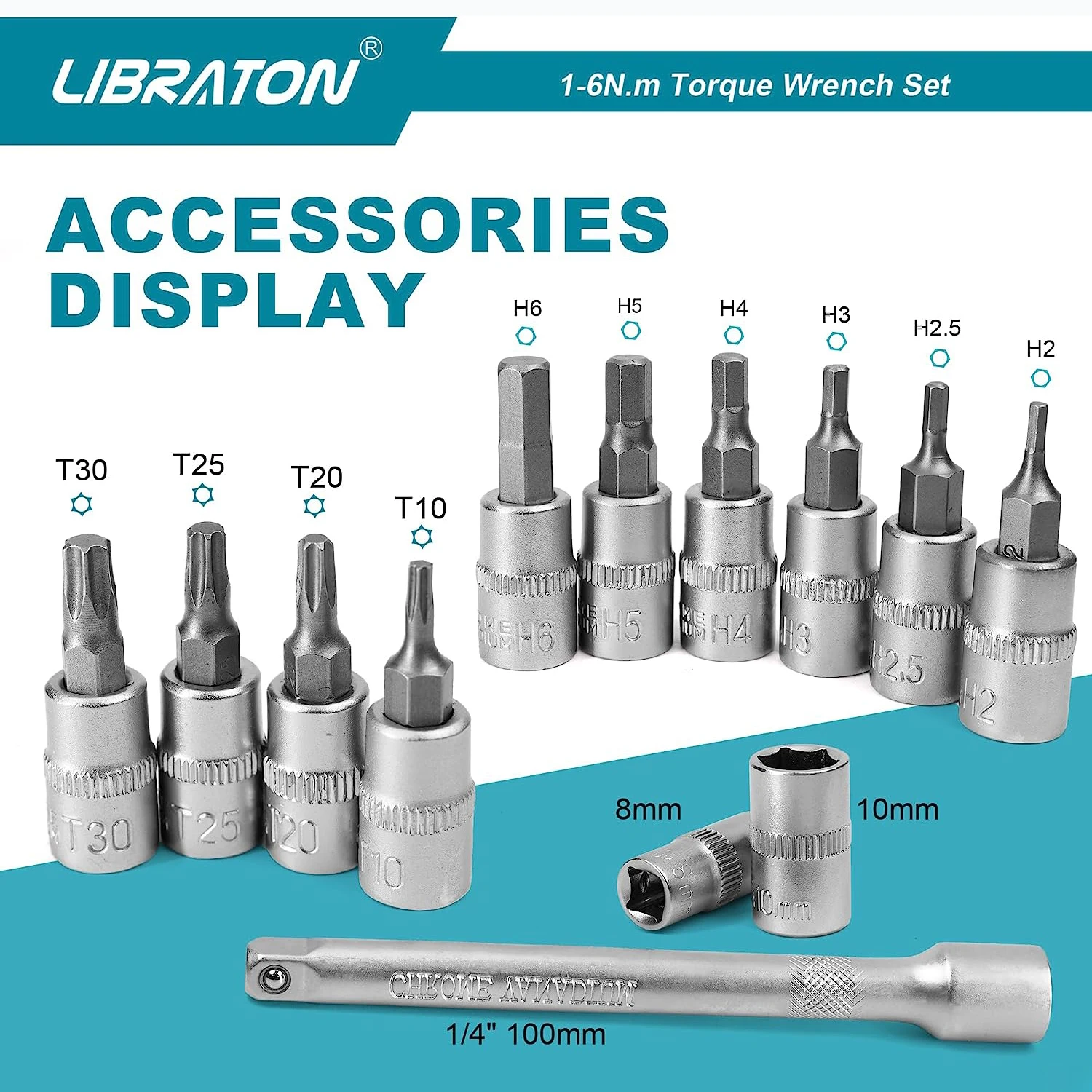 LIBRATON Bike Torque Wrench 1/4\'\' 1-6Nm, 0.05 Nm Micro, Drive Click Torque Wrench Set, Hex, Torx/Star Bit Sockets, Extension Bar