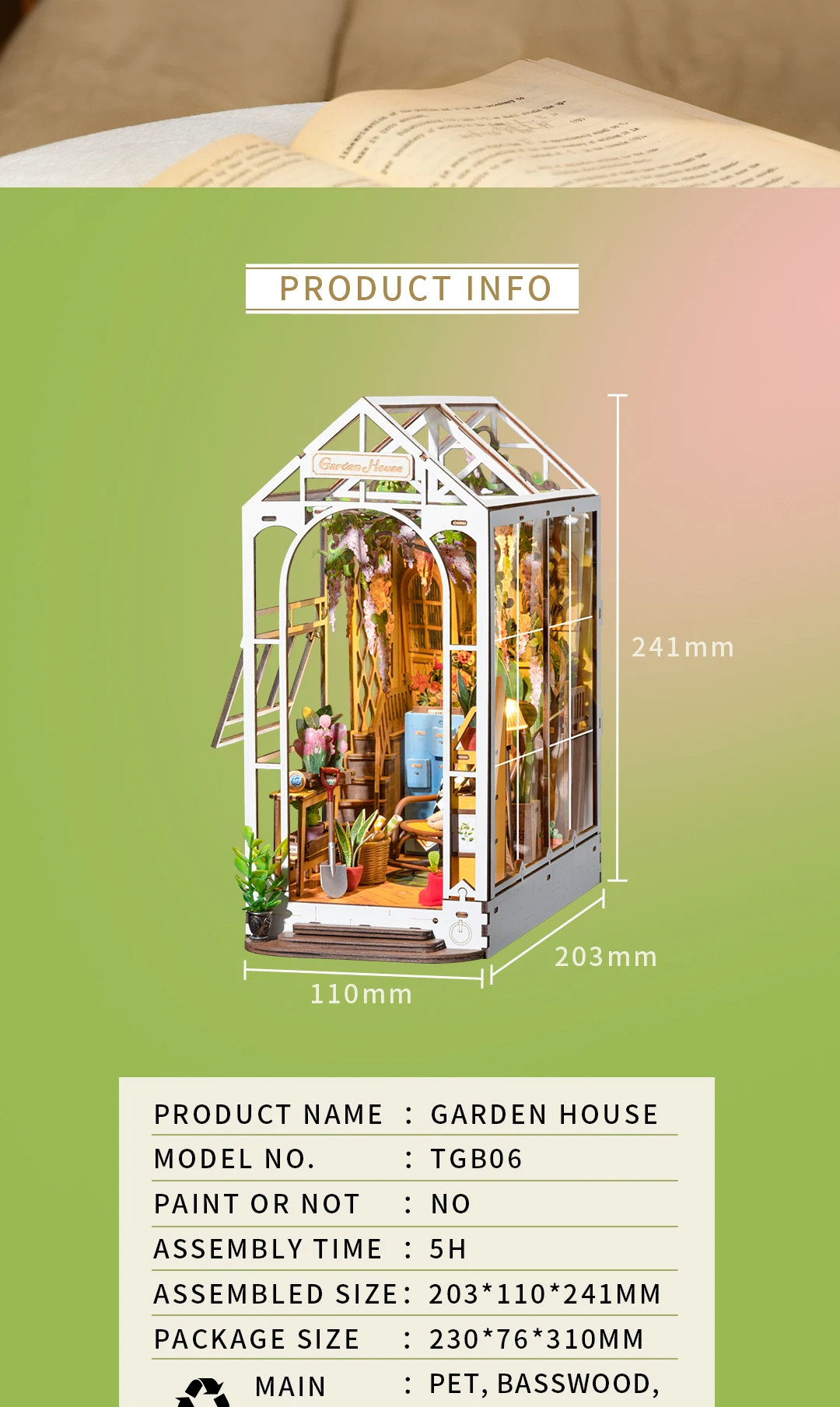 Robotime Rolife Garden House Book Nook Kit Easy Assembly Bookshelf Insert Ideal Home Decor Toy Gift for Kids Women & Girls TGB06