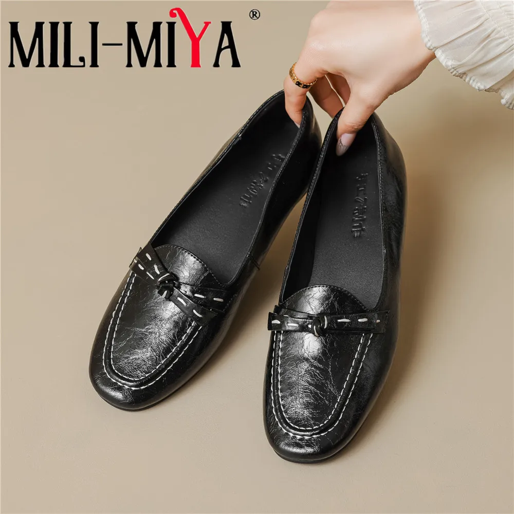 MILI-MIYA Women's Full-Grain Leather Round-Toe Casual High-Heel Shoes Solid Color Chunky Heel Slip-On Oversized Pumps For Ladies