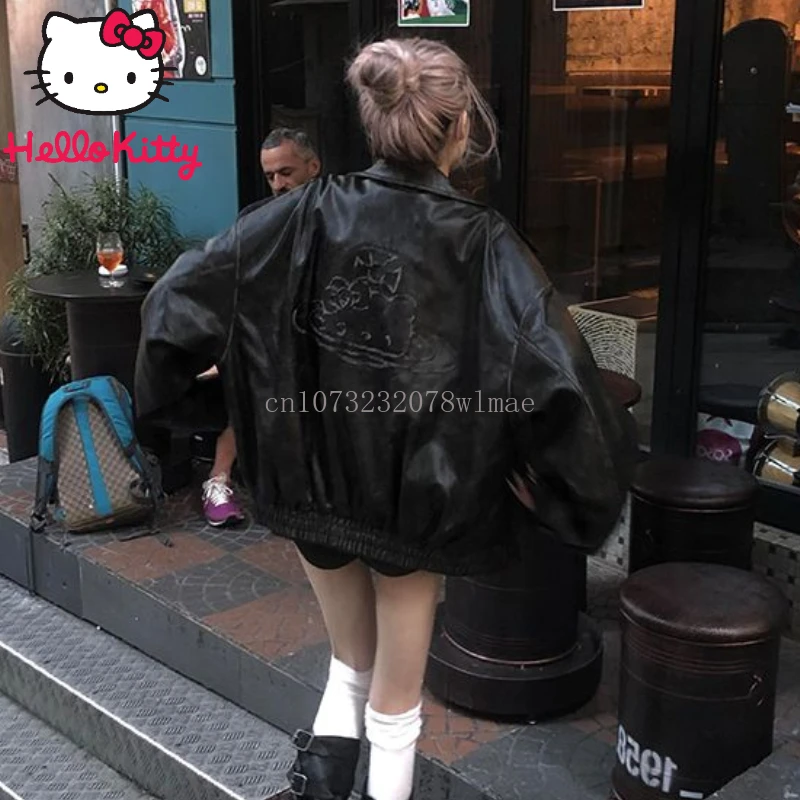 Inverno hello kitty jaqueta de couro da motocicleta feminina lapela manga comprida casaco do plutônio menina grunge rua casacos casuais moda outerwear