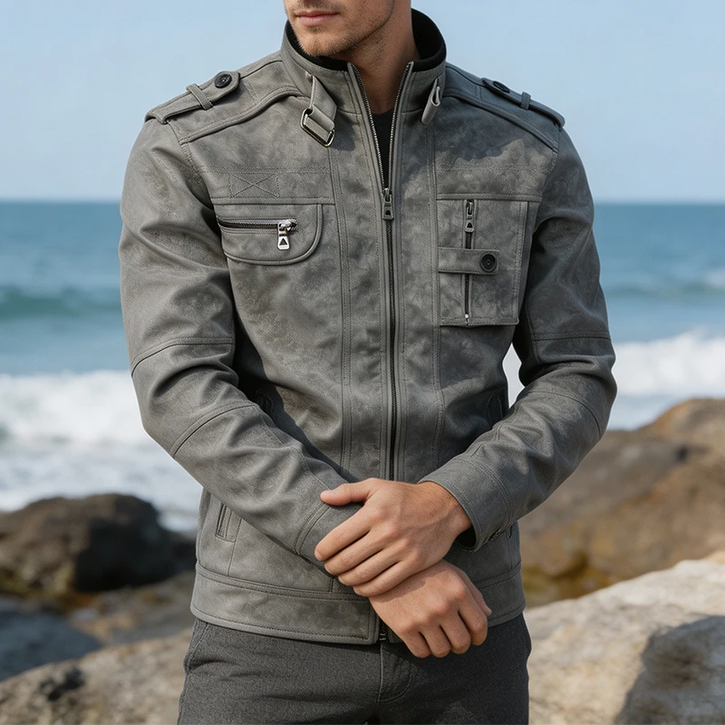 Fashionable Windproof Outerwear For Men Fall Winter PU Leather Jacket Mens Vintage Multi Zipper Pockets Stand Collar Cargo Coat