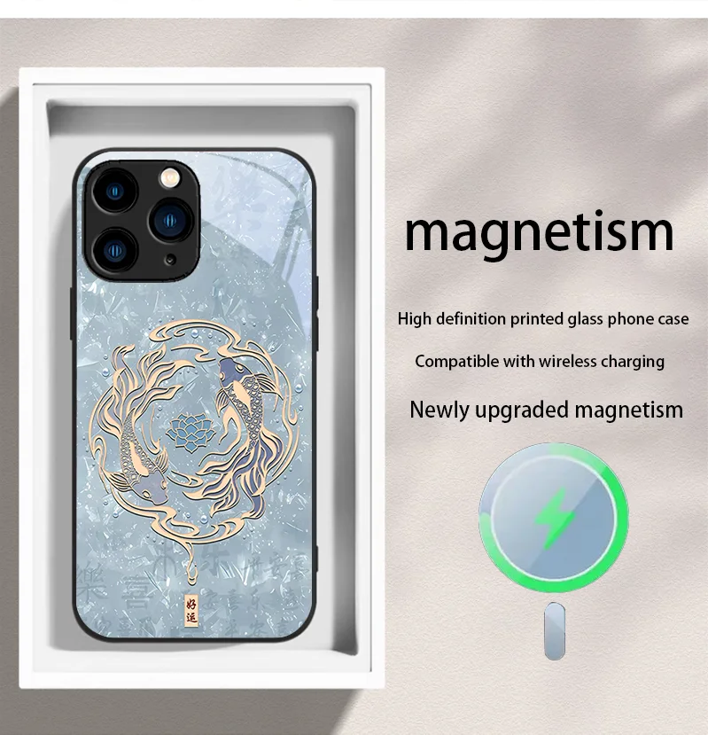 

For iPhone 16 e 11 X XR 15 12 14 Pro 13 Mini XS MAX 8 Plus Magnetic Glass Phone Case Koi Play Lotus Pattern Design