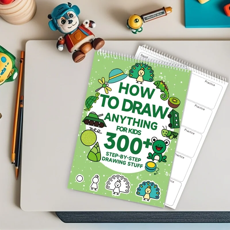 300+ Step-by-Step 1pc Green Stick Figure Drawing Book Art  Learning Painting Supplies with Cartoon Dinosaur & Frog Designs Book