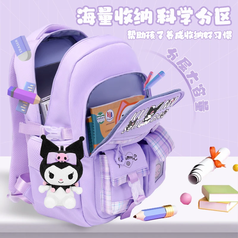 Sanrio Kuromi Schultasche Mädchen-Rucksack mit hohem Fassungsvermögen zum Schutz der Wirbelsäule Klasse 1–6 hochwertiger Schulrucksack