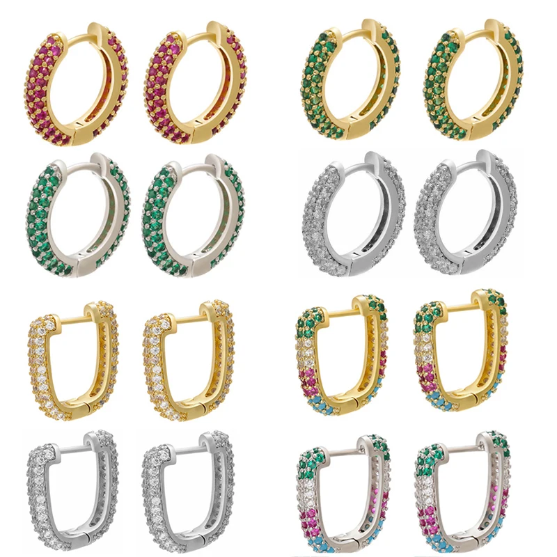 QMHJE Hoop Earrings Rainbow Cubic Zirconia Jewelry Enamel Geometric Round Rectangle CZ Gold Silver Color Brass Circle