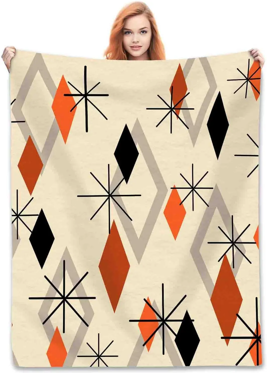 Vintage Beige Background Diamond Atomic Star Pattern Soft Blanket Fit Living Room Bed Travel Multi-scene Warm Household Daily