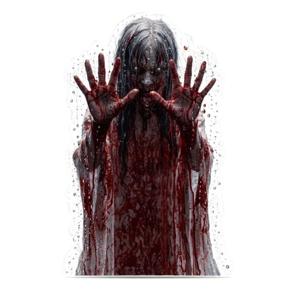 Static Cling Horror Glass Window Sticker Blood Handprint Horror Ghost Woman Window Decals Window Display Waterproof