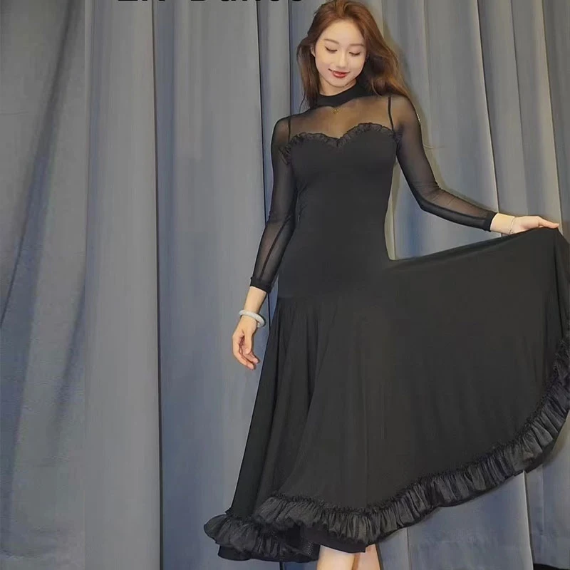 2024 neue Ballroom Dance Schwarz Langes Kleid Frauen Walzer Tanz Kleidung Praxis Leistung Kleid Erwachsene Latin Dance Kleid DNV21970