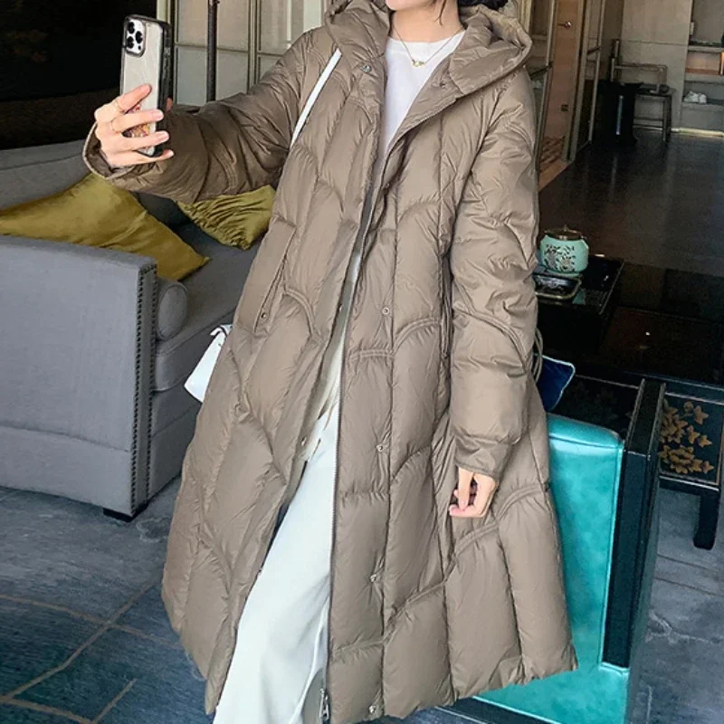 

Осенне-зимние длинные пальто макси-парки женские трапециевидные пальто толстые теплые свободные повседневные элегантные куртки с капюшоном с узкой талией 2024