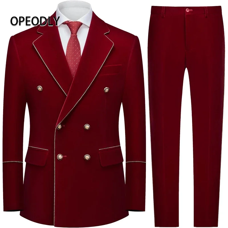 

Мужской бархатный костюм OPEODLY из двух предметов: двубортный смокинг приталенного кроя с золотыми пуговицами для вечеринок, торжественных и повседневных мероприятий