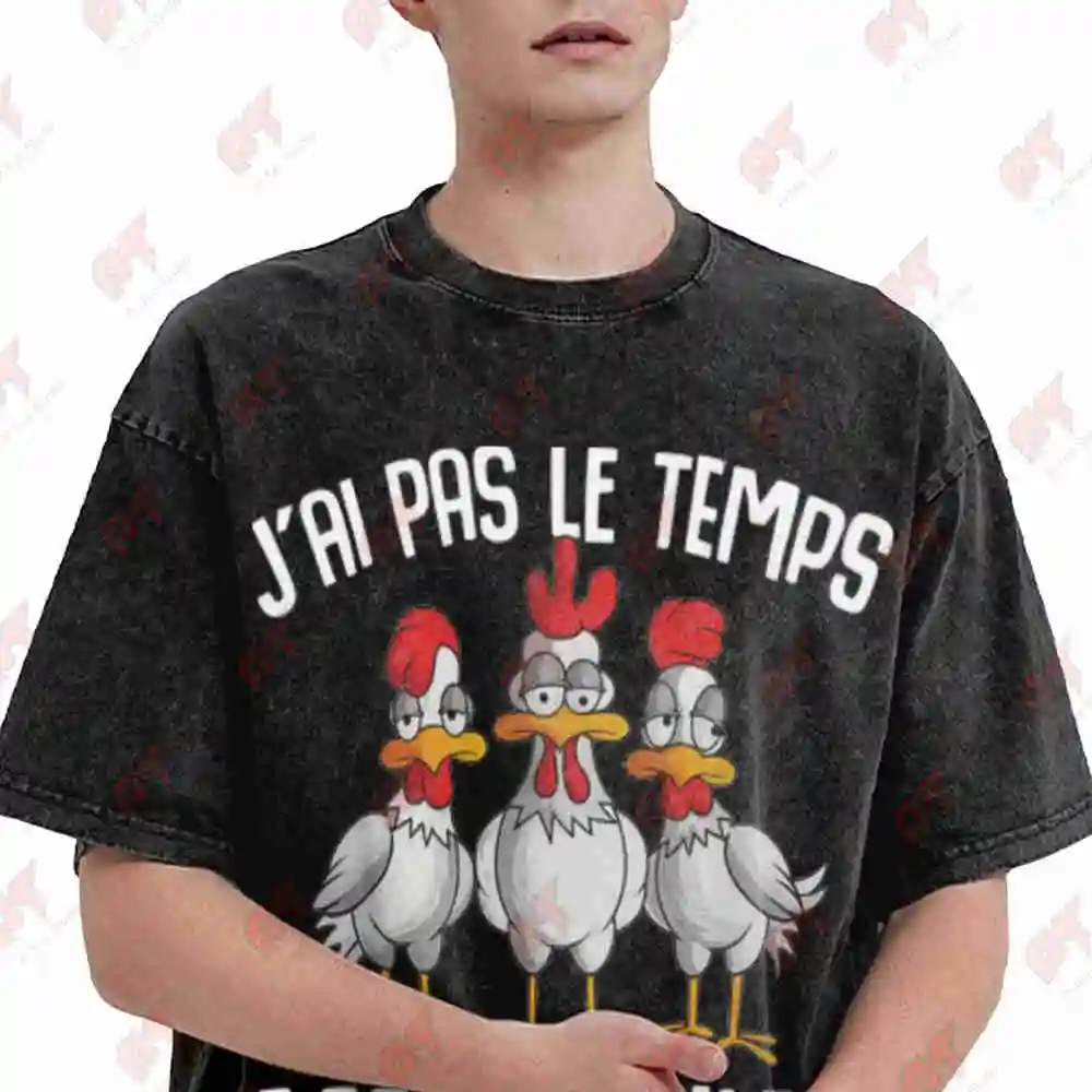 Hen Chicken Farmer Back Print Vintage Washed Tee Pure Cotton T-Shirt