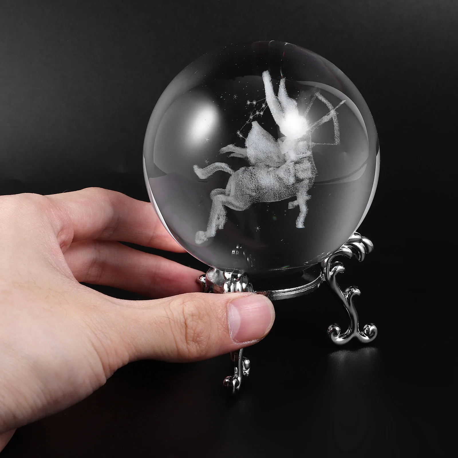 

Creative Crystal Ball Tabletop Decoration Clear Sphere Intricately Carved Pattern Stable Metal Stand Home Office Decor