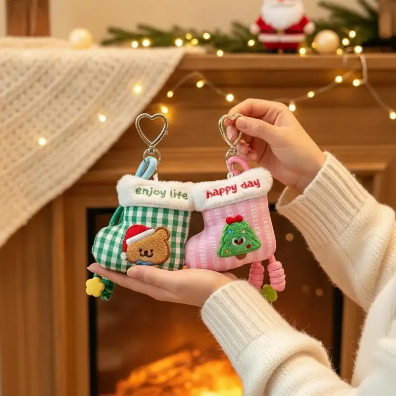 Christmas Sock Keychain Cartoon Embroidery Cute Animal Xmas Charm Bag Pendant for Holiday Gift Bag Fillers