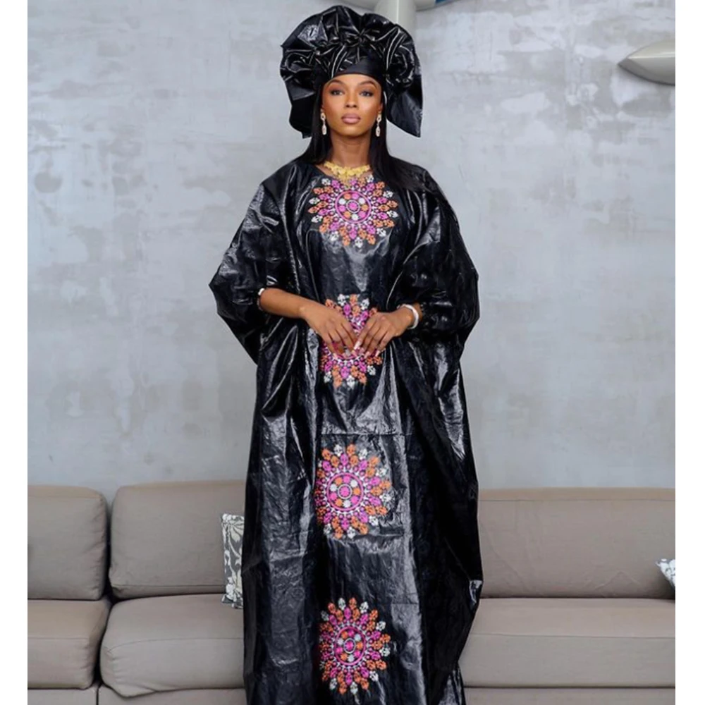 Black Shiny Bazin Riche Long Dresses For African Clothing Daily Party Boubou Ribbon Stones Femme Bazin Riche Dashiki Robe