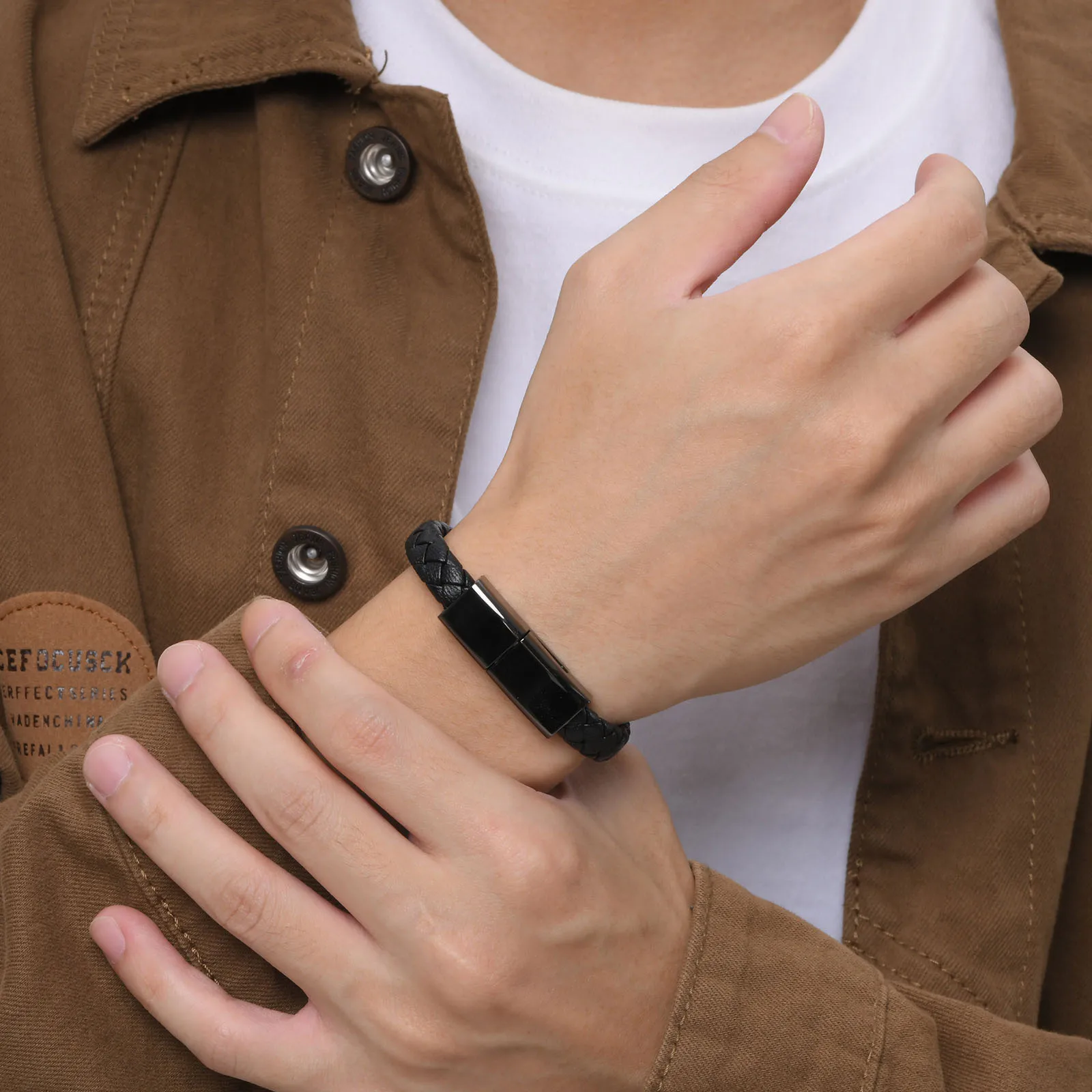 Leather Rope Bracelet for Men Boys,Black Charging Cable Wristband,Simple Convenient Jewelry Gifts