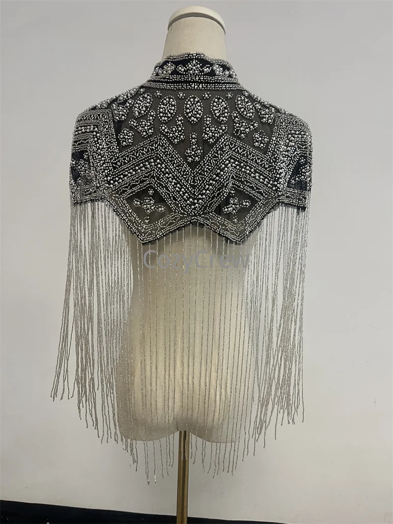 Retro Luxury Sequin Beaded Fringe Tassel Short Shrug Jacket, Women Elegant Formal Bolero Cape Shawl Wrap Sequined Evening Wrap - view 6
