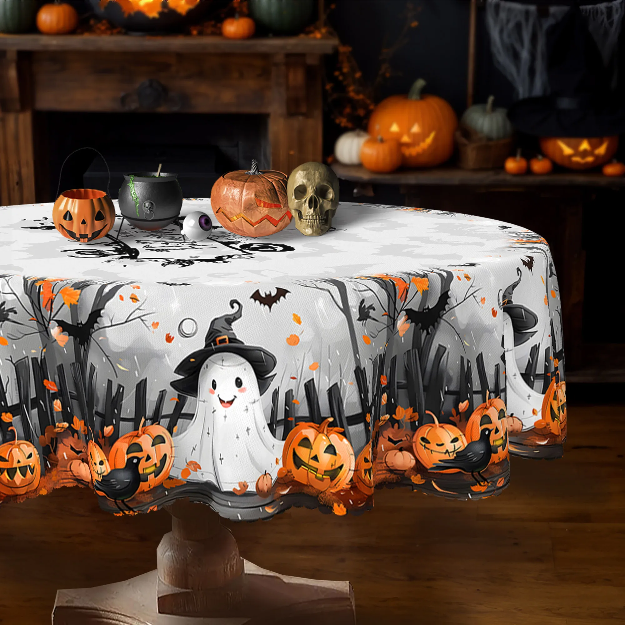 One tablecloth for Halloween and Day of the Dead, decorated in white with ghost and pumpkin patternszyc
