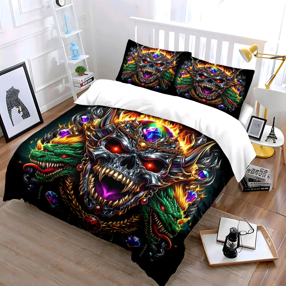 Dragon Skull Art Decor Set Soft Skin-Friendly Bedding Set Includes 1 Duvet Cover And 2 Pillowcase, Gift