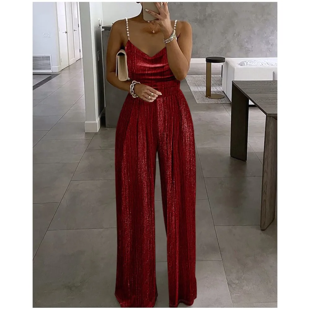 Off The Shoulder Stud Sexy Strap Women\'s Dinner Romper Spring Summer New Fashion Pleated Loose Straight Leg Female Long Romper
