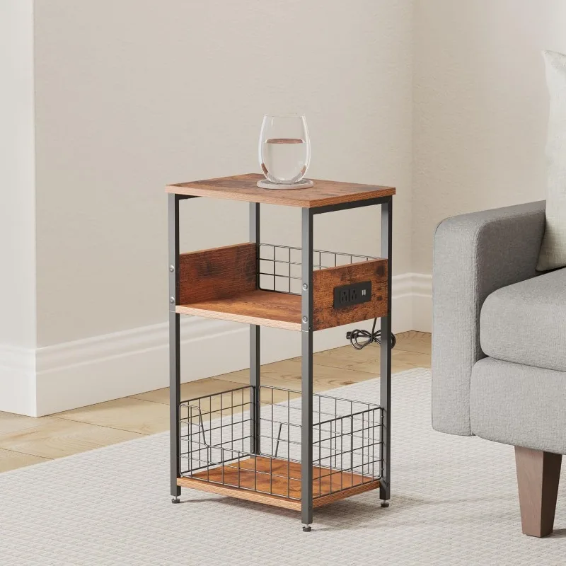 Custom Retro Iron & Wood 3-Tier Coffee Table with Socket, Multifunctional Record Amplifier Side Table for Home