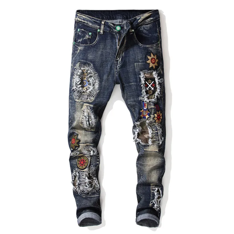 Jeans brodés haut de gamme pour hommes, pantalons longs de motard ajustés, pantalons de fête rétro, beau trou et patch, design de personnalité commandé