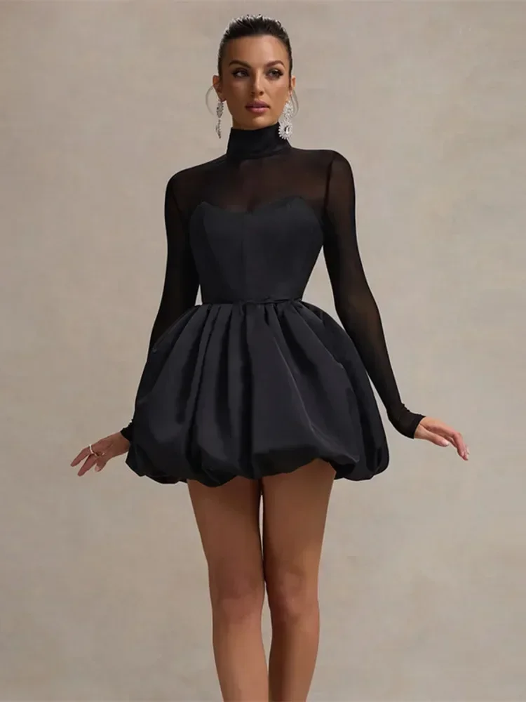 Chaxiaoa Turtleneck Sheer Long Sleeve Sexy Mini Dress for Women Black See Through High Waist A-line Club Party Dress Elegant