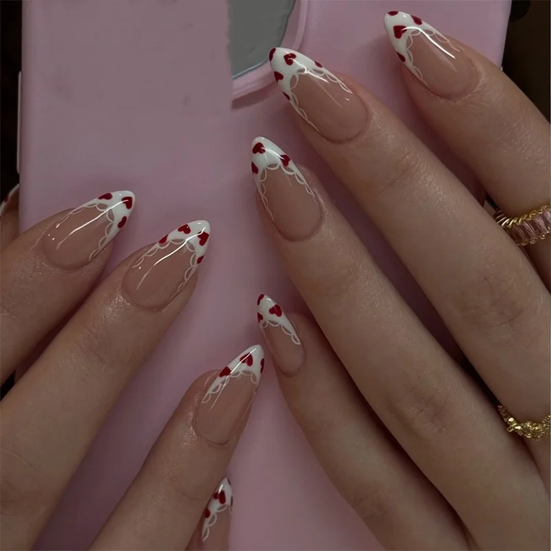 24Pcs Short Almond Polka Dot Bow False Nail Red Lips Design Full Art Lace Valentine's Day Press on Cat's Eye French Fake Nails 3