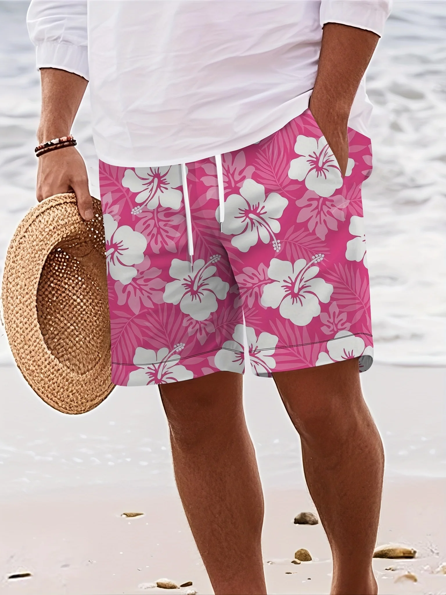 Herren Sommer Schnelltrocknende Strandshorts, Pink-Weiße Hibiskus Tropische Blumenmuster Kordelzug Lässige Boardshorts mit Taschen – Detail 2