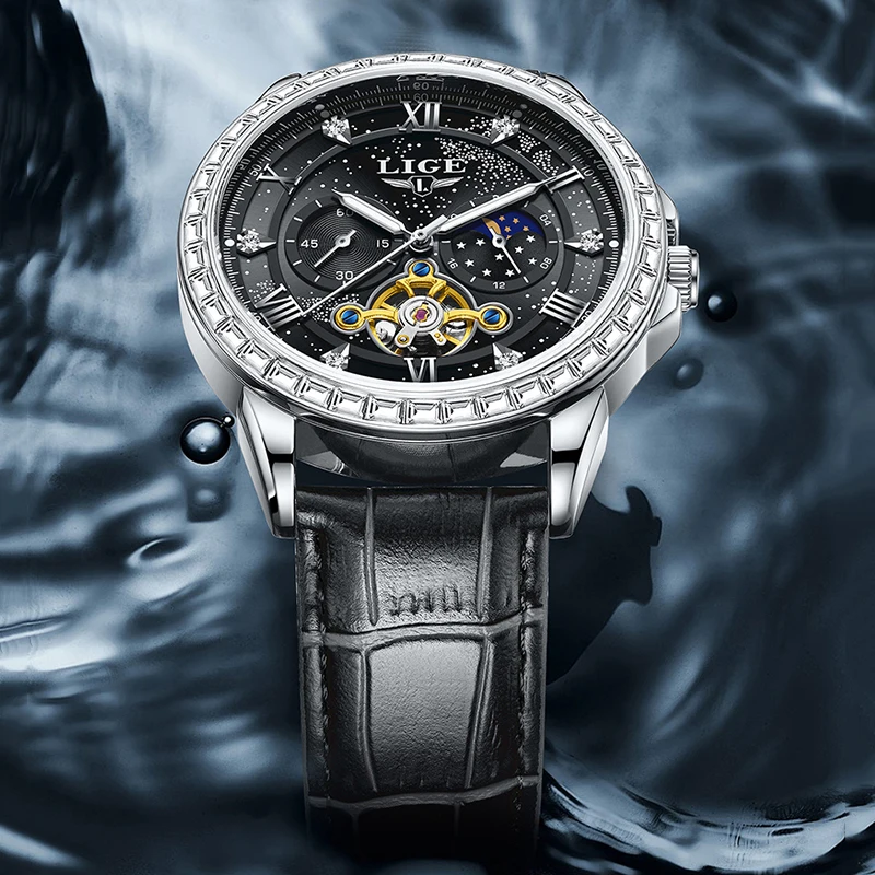 

Мужские механические наручные часы LIGE, лучшие брендовые роскошные кожаные водонепроницаемые часы для мужчин, модные деловые автоматические мужские часы