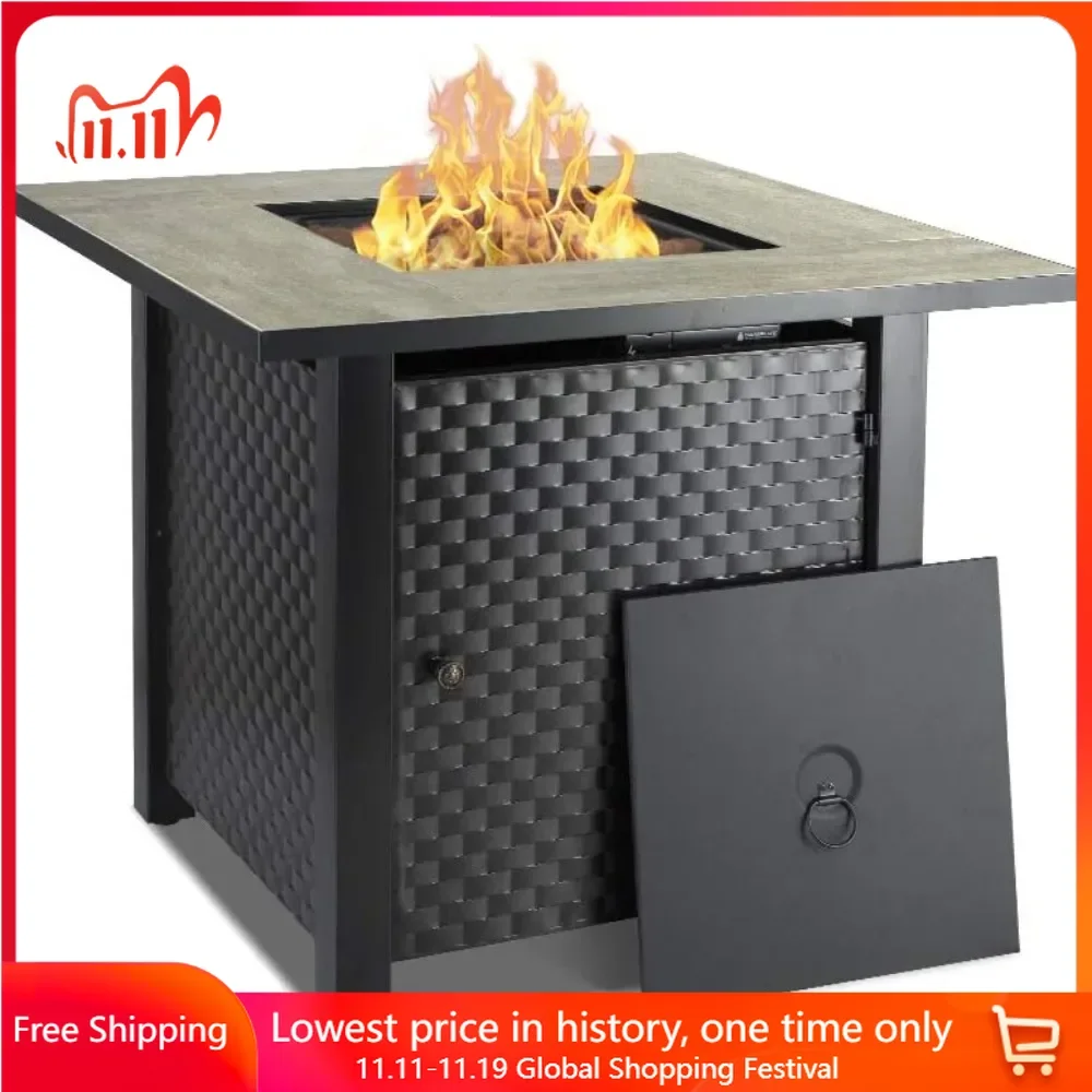 

30 Inch Fire Pit Table with Lid, Lava Rocks, Ceramic Tabletop, 50,000 BTU Adjustable Flame, Square Propane Gas Fire Pit Table