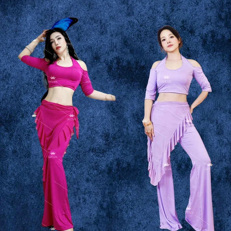 Costumes de danse du ventre personnalisés, vêtements d'entraînement, modal, épaules dénudées, haut à col suspendu, pantalons légèrement évasés, vêtements de danse