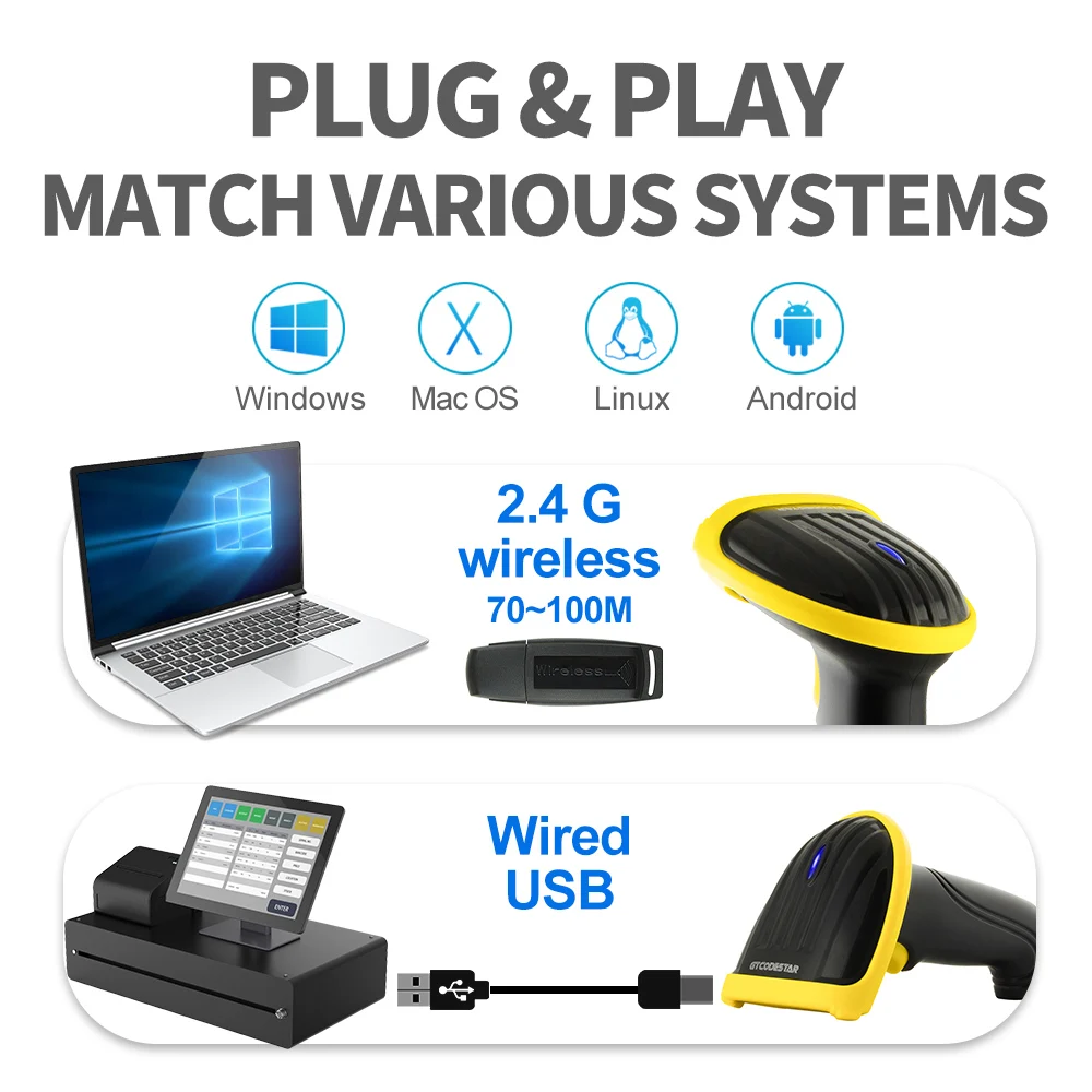 GTCODESTAR X-620E Handheld Wireless Bar Code Reader Laser Barcode Scanner Inventory 1D Barcode Scan Gun for Supermarket Scanning