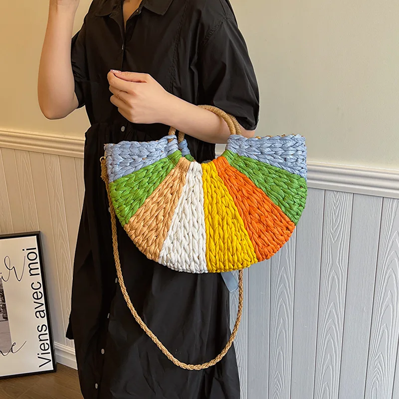 

​Boho Rainbow Crochet Beach Bag 2025 - Colorblock Shoulder Tote & Crossbody Purse for Women, Summer Boho Chic Handbag​