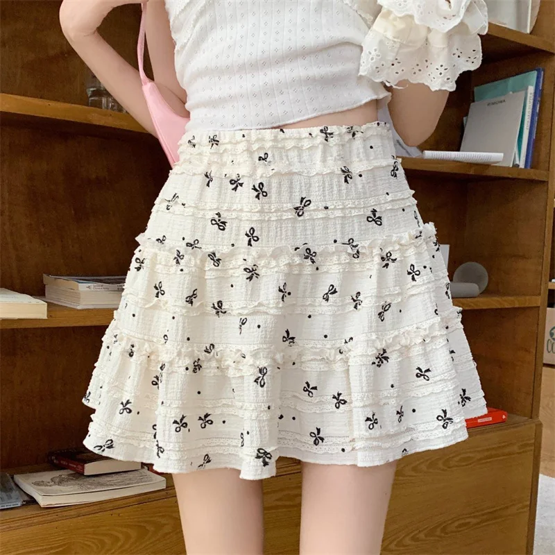 

Women Skirt Summer Sweet Lace Bows White Black Short Skirt A-line High Waist Casual Mini Skirt Holiday Beach