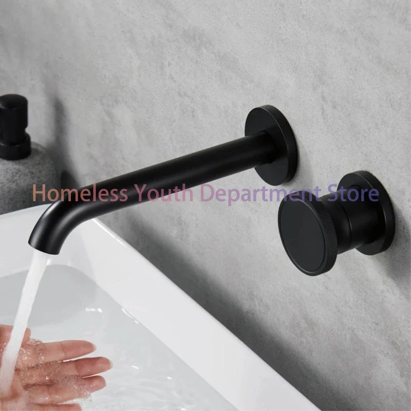 luxury black brass bathroom faucet with wall mounted design, single handle hot and cold dual control, simple basin mixer