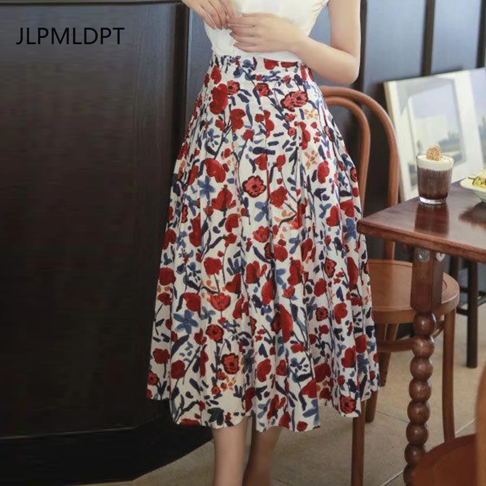 

High-end floral skirt women's 2025 spring and autumn new skirt cotton high-waisted hip-covering pendulum printed A-shaped skirt