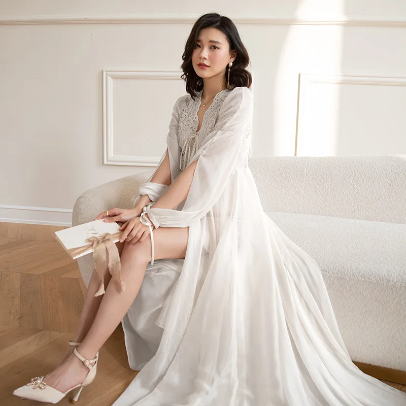 Luxury Trail Bride Wedding Robe Nightgown French Elegant Kimono Bathrobe Gown Sleepwear Women Sexy Lace Perspective Home Dress