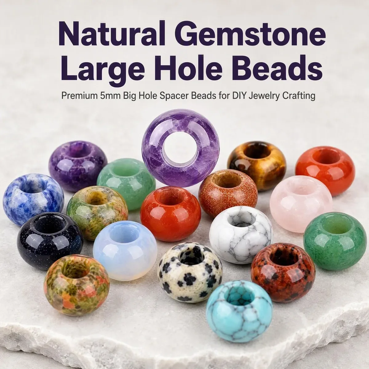 JOYAGIFT 12mm Natural Gemstone Round Beads 5mm Large Hole Polished Stone Ball for Leather Cord DIY Jewelry Making Craft
