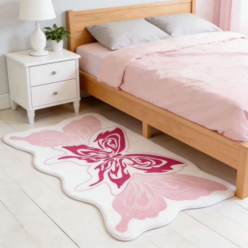 

Ковер в стиле кремовый для гостиной, декоративный ковер для спальни с узором бабочки, пушистый мягкий прикроватный коврик неправильной формы, толстый плюшевый напольный коврик для дома