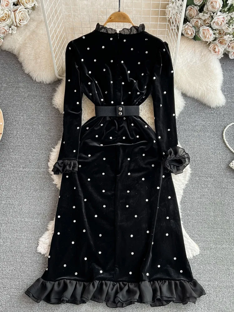 EWQ Sweet Style Women's Dress Flare Long Sleeve Diamond Stand Velvet High Waist A-line Dresses Autumn Winter 2023 New 27SN4592