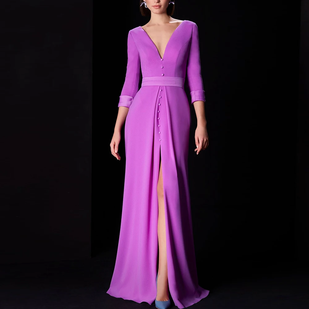 

V Neck Jersey 3/4 Sleeves Straight Floor Length Solid Color Sweep Train Buttons Zipper Back Elegant Luxury Evening Dress 2024