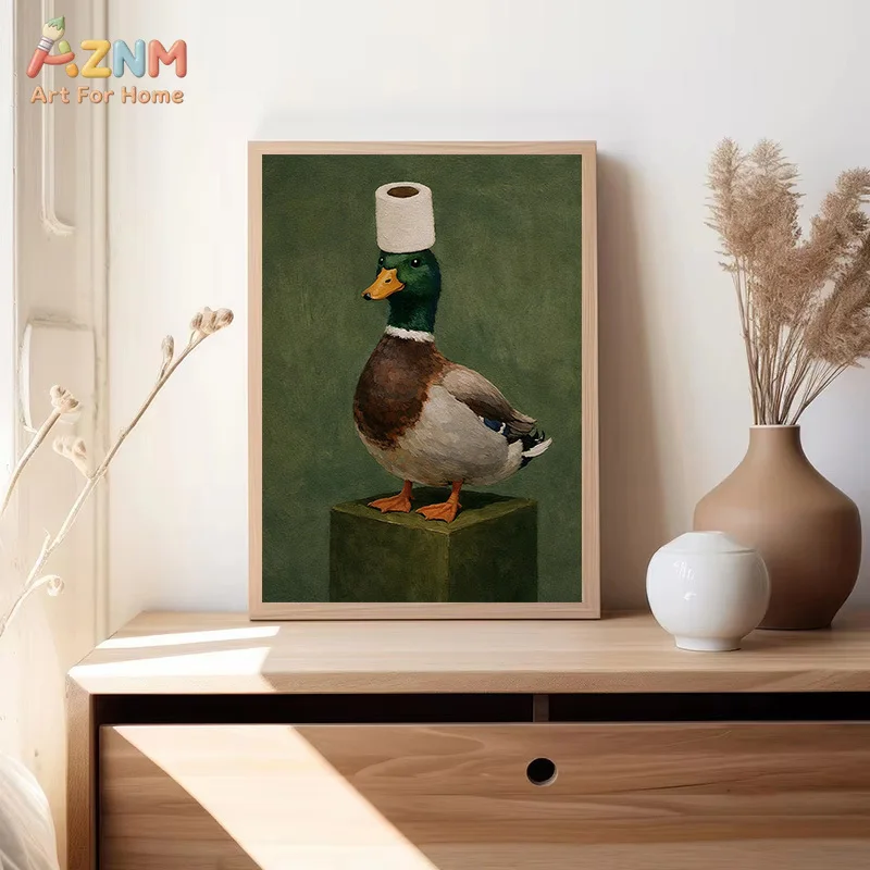 AZNM Funny Animal Canvas Wall Art Toilet Paper On Head Vintage Green Background Bathroom Humor Decor Poster Unframed