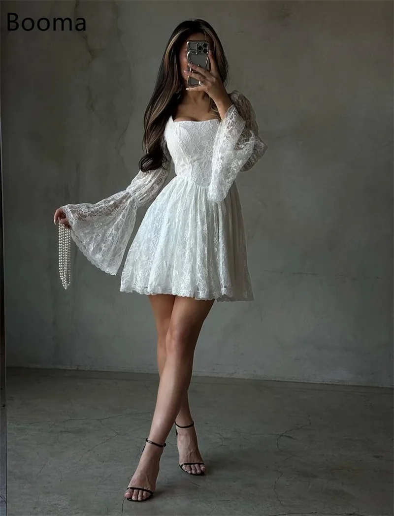 

Booma A-Line Lace Mini Wedding Dresses Full-Sleeves Lace Appliques Square Neck Elegant Brides Gown Custom Made 2025