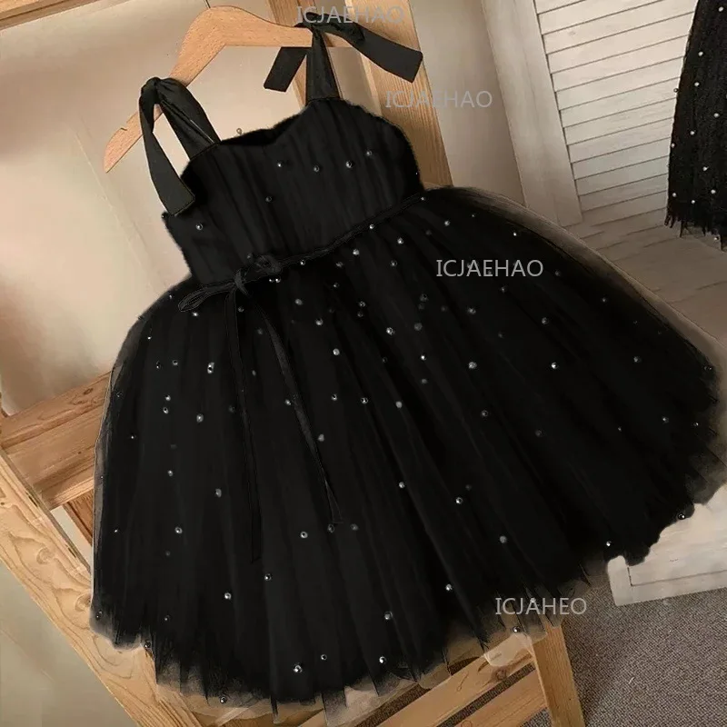 Kids Strapless Sleeveless Gown Princess Dress Stage Performance Pearl Bow Design Girls Formal Wedding Flower Girl Party Banquet
